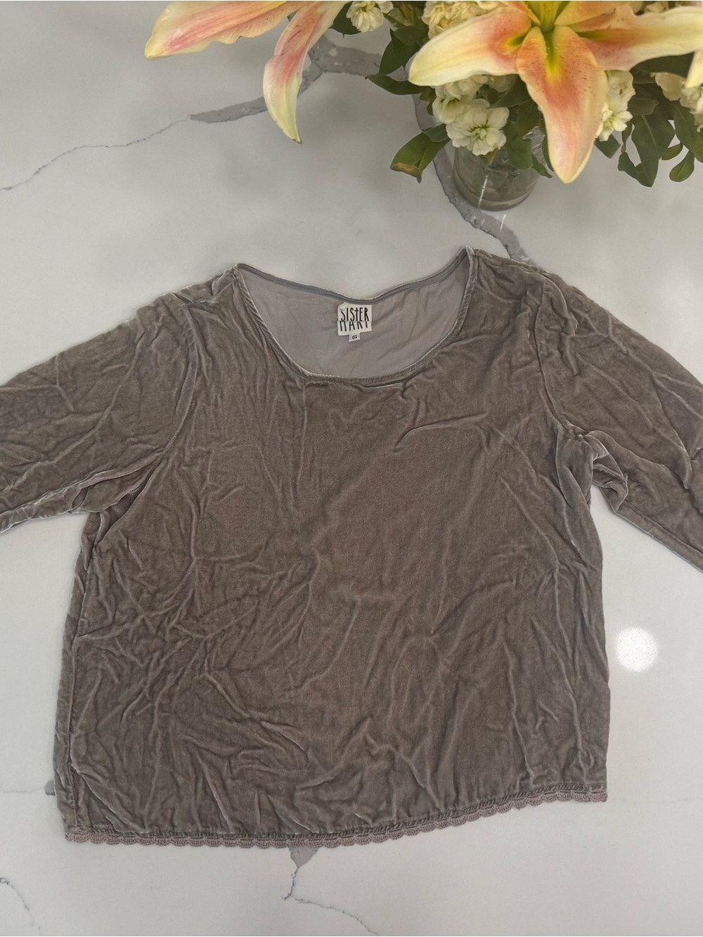 Sister Mary Boutique Brand Velvet 3/4 Length Sleeve Scoop Neck Top